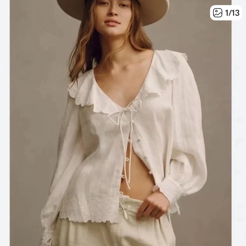 Anthropologie Cream Ruffle Blouse